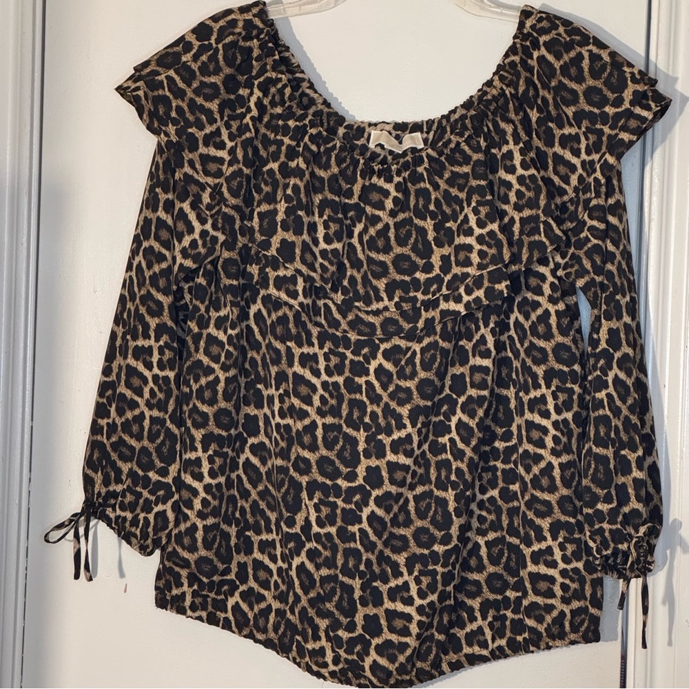 Michael Kors 3/4 Sleeve Off the Shoulder Ruffle Animal Print Blouse